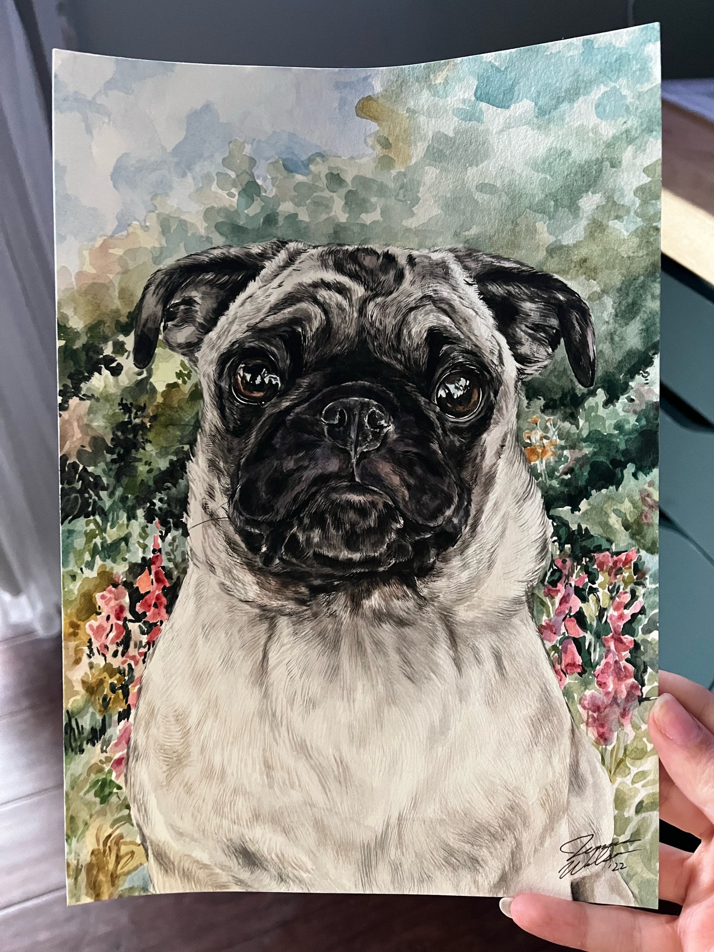 watercolor pet portrait with detailed background