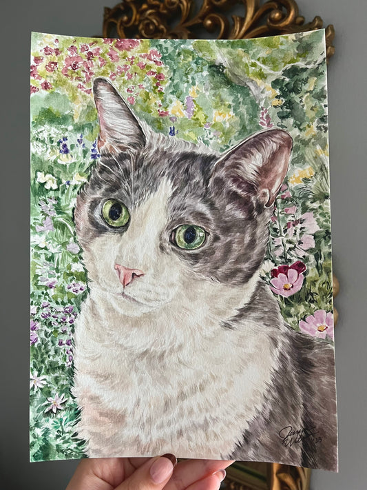 watercolor pet portrait with detailed background